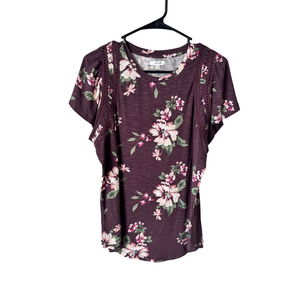 Maurices Womens Plum Purple Floral Crochet Lace Ruffle Short Sleeve Top Large